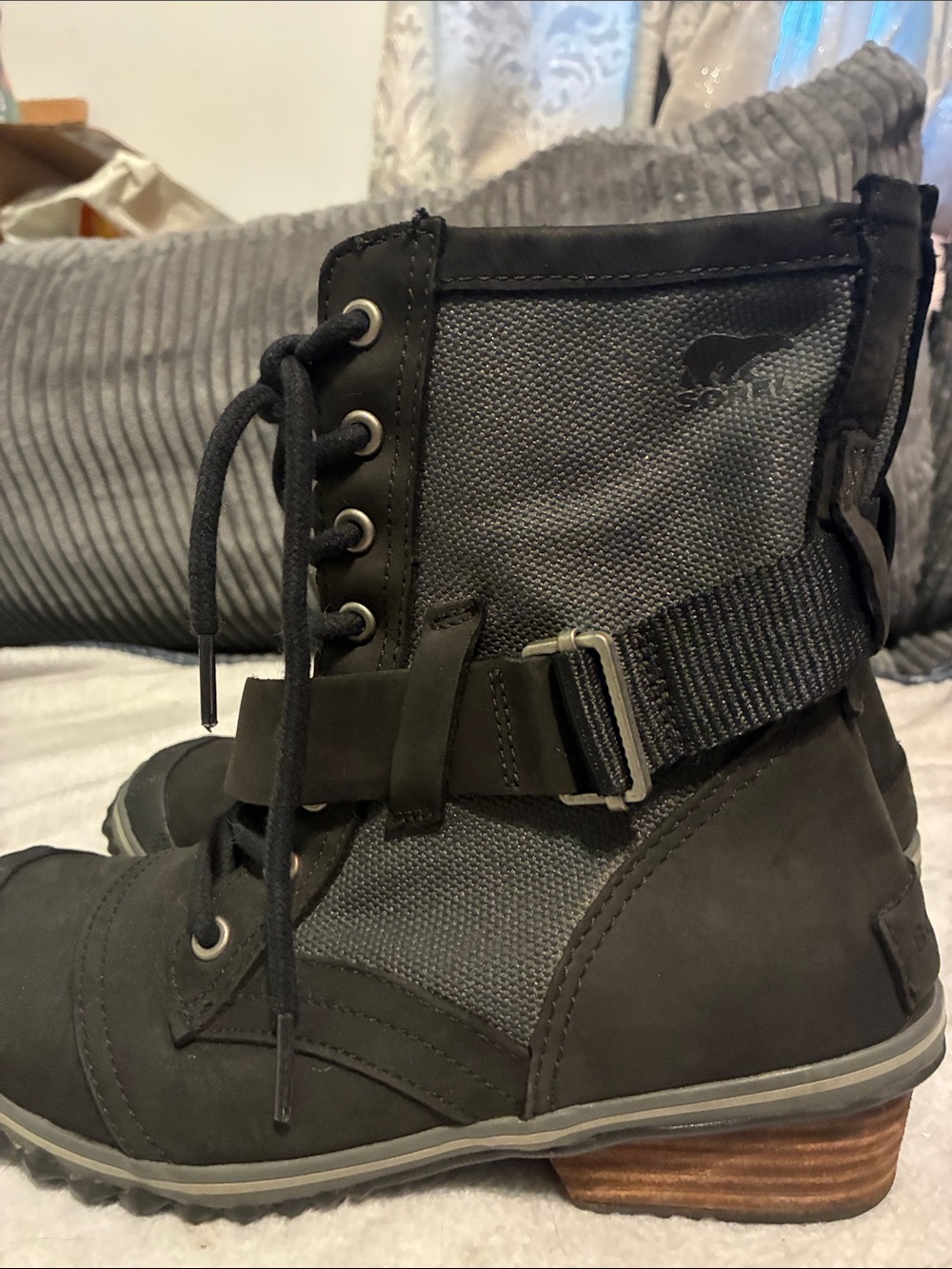 Sorel Black Lace-Up Ankle Boots with Buckle Strap - Picture 3 of 5